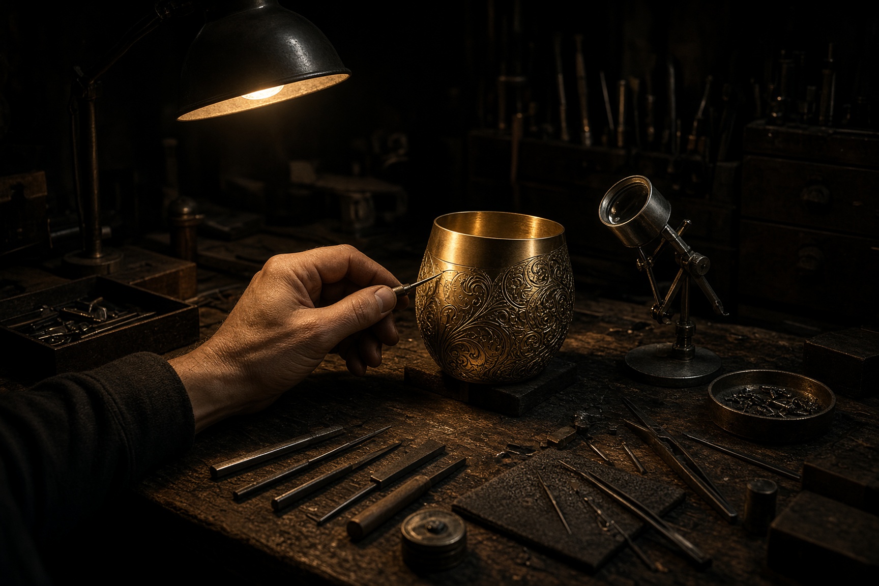 Workshop — hands chasing a gilt bronze part at a lamplit bench