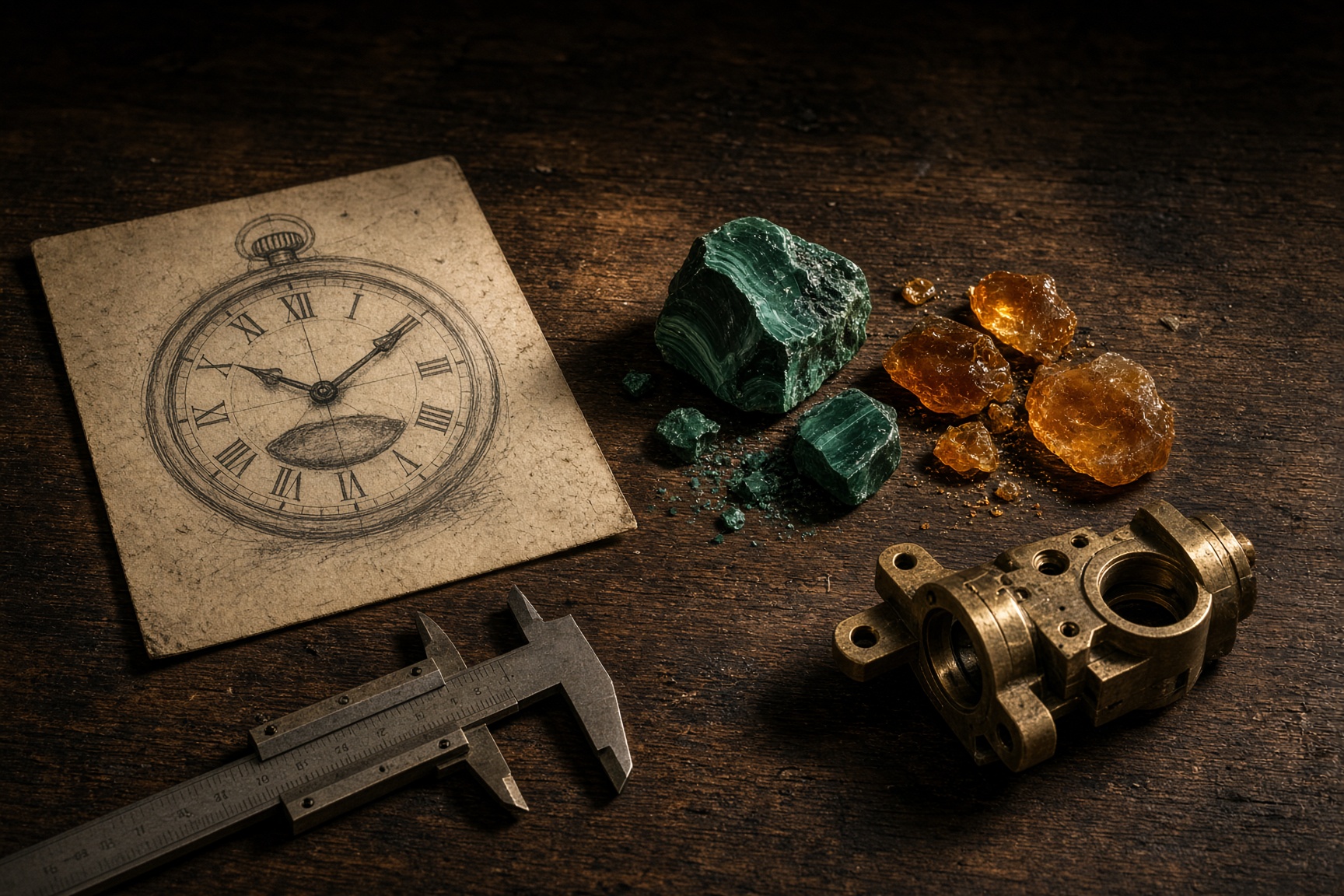 Commission — drawing, wax model and malachite offcuts on a bench