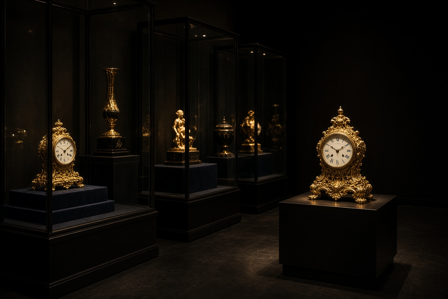 Showroom — gilt clocks in dark glass vitrines